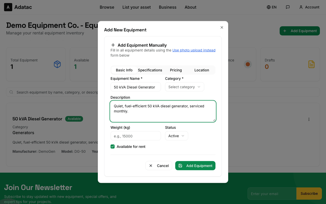 The Add Equipment form, Basic Info tab