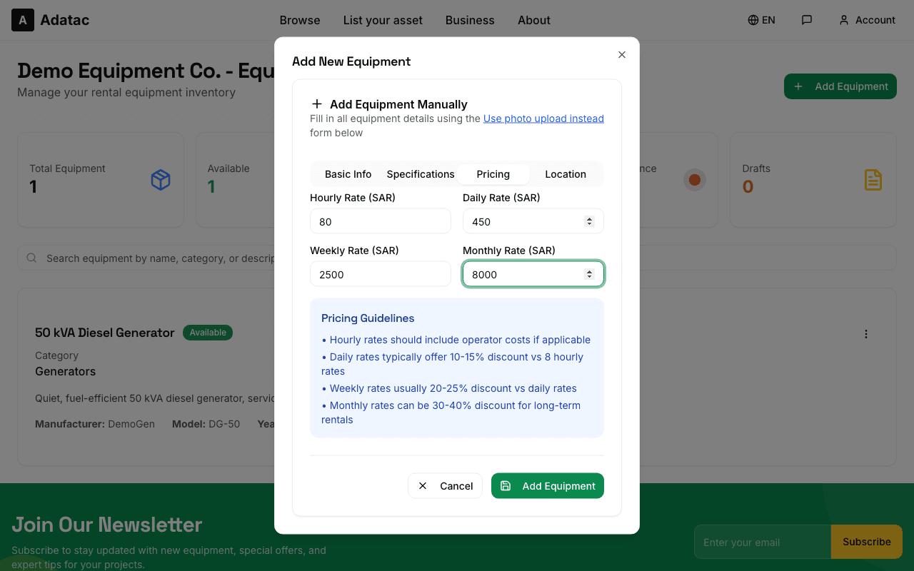 The Add Equipment form, Pricing tab with SAR rates