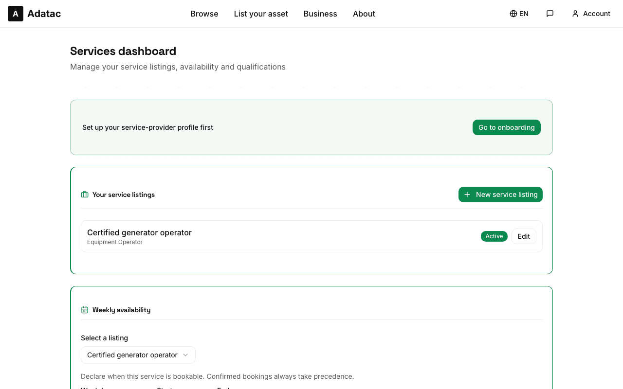 The weekly availability editor for a service listing